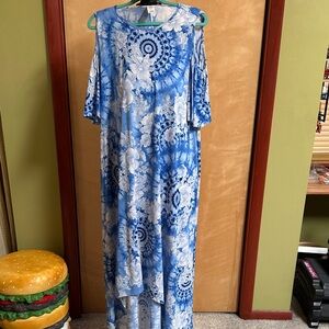 Blue and White Floral Cold Shoulder Maxi Dress